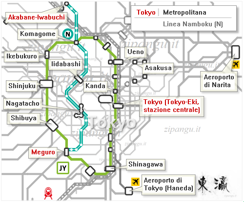 Tokyo: mappa schematica della Linea Namboku; Linea Yamanote