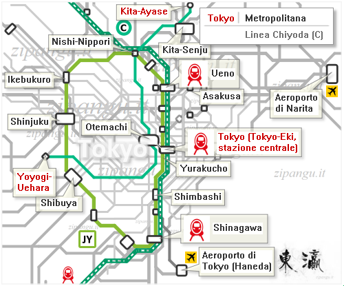 Tokyo: mappa schematica della Linea Chiyoda; Linea Yamanote