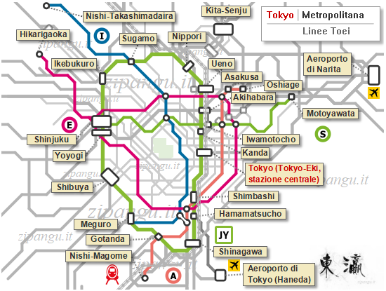 Tokyo: mappa schematica della rete Toei della metropolitana