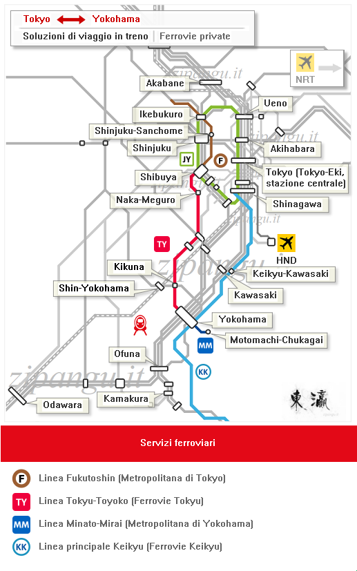 Come raggiungere Yokohama da Shibuya (Tokyo sud-ovest) e Shinagawa (Tokyo sud): Ferrovie Keikyu, Ferrovie Tokyu; servizi ferroviari