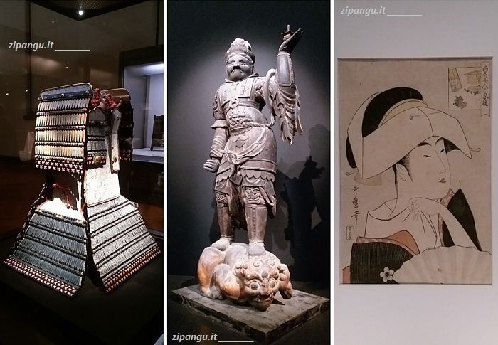 Ueno: Museo Nazionale di Tokyo; un'armatura da samurai, una statua e un dipinto