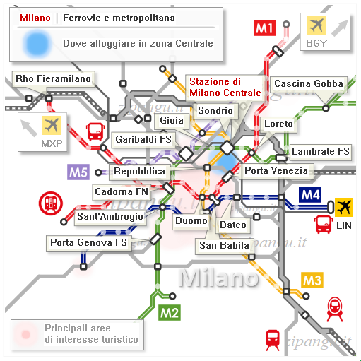 Milano; dove dormire vicino alla stazione centrale: mappa schematica dei collegamenti ferroviari