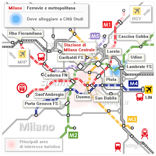 Milano; dove dormire a Città degli Studi: mappa schematica dei collegamenti ferroviari