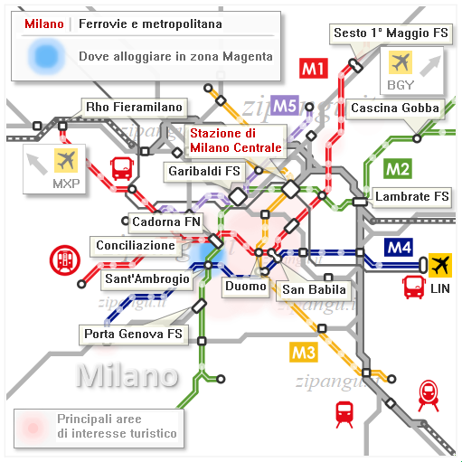 Milano; dove dormire in zona Magenta: mappa schematica dei collegamenti ferroviari
