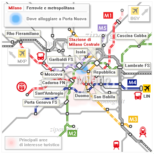 Milano; dove dormire a Porta Nuova: mappa schematica dei collegamenti ferroviari