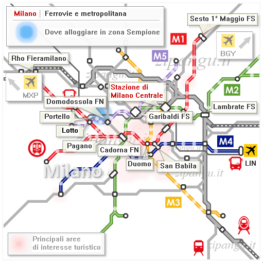 Milano; dove dormire vicino a Corso Sempione: mappa schematica dei collegamenti ferroviari