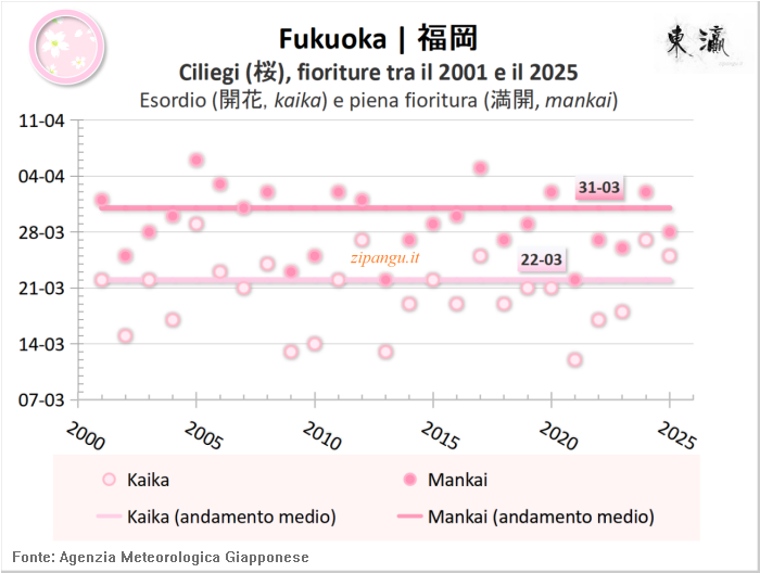 Fioriture dei ciliegi (somei-yoshino) a Fukuoka negli ultimi 20 anni; dati ricavati dalle serie statistiche pubblicate dall'Agenzia Meteorologica Giapponese