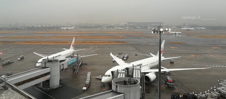 Aeroporto di Tokyo (Haneda): veduta di una pista; aerei della compagnia di bandiera