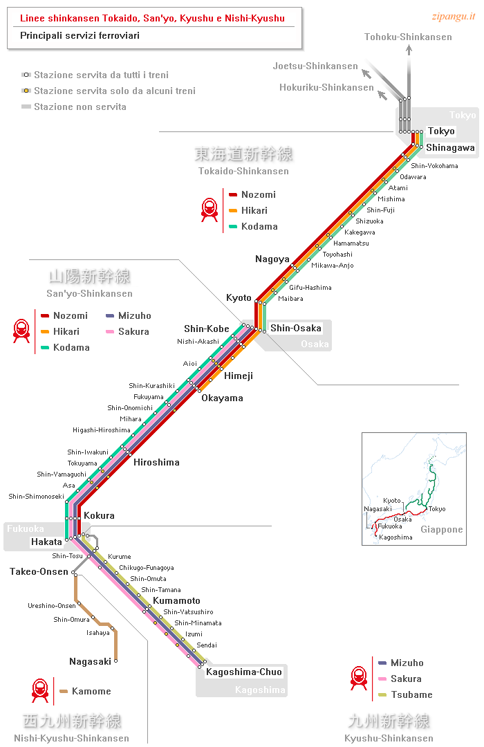 Giappone: linee shinkansen Tokaido, San'yo e Kyushu