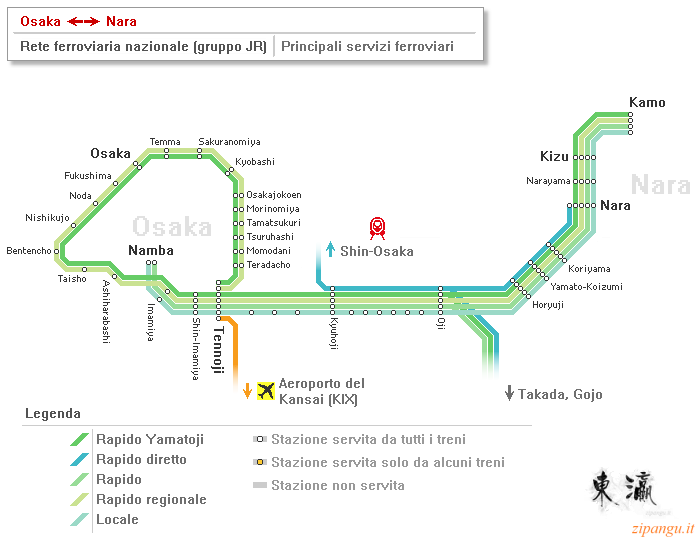 Servizi ferroviari tra Osaka e Nara lungo le linee della rete ferroviaria nazionale (gruppo JR): diagramma delle fermate dei treni