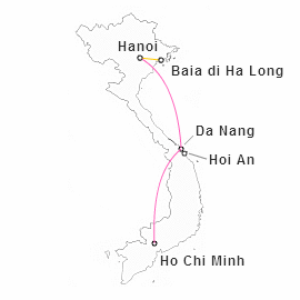 Itinerari di 1 settimana in Vietnam: mappa dell'itinerario Città di Ho Chi Minh - Hoi An - Hanoi - Baia di Halong